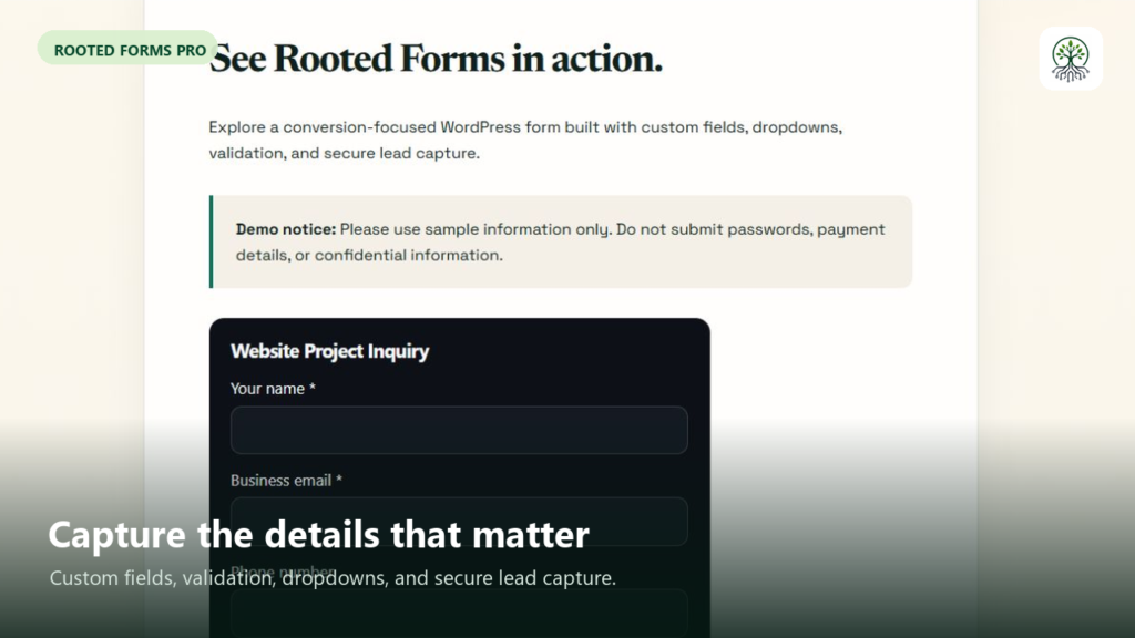 Rooted Forms demo showing a blank website-project inquiry form with name and business email fields.
